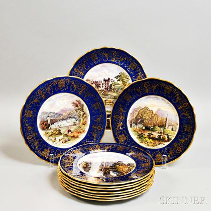 Set of Ten Cauldon Transfer-decorated Cobalt and Gilt Plates