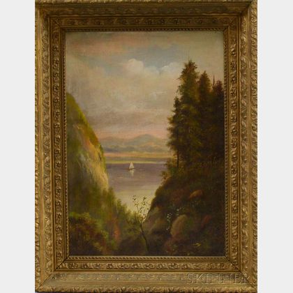 Hudson River Valley School, 19th Century River Scene with a Sailboat.