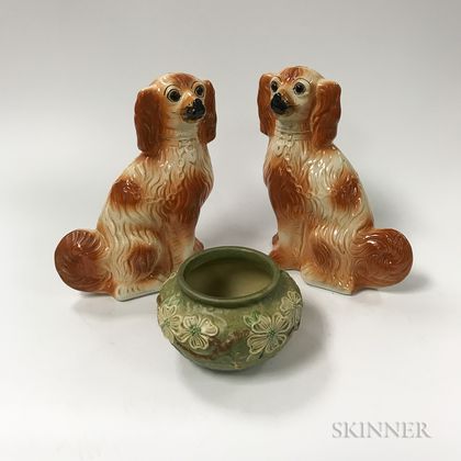 Pair of Staffordshire Spaniels, a Roseville Vase, and an Overlay Glass Lamp. Estimate $100-150