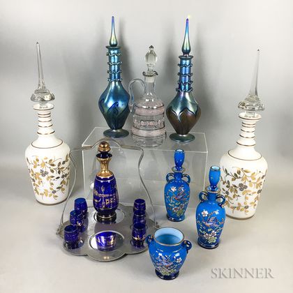 Fifteen Art Glass Decanters, Bottles, and Cordials