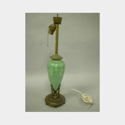 Gilt-metal Mounted Green Glazed Art Pottery Table Lamp Base. 