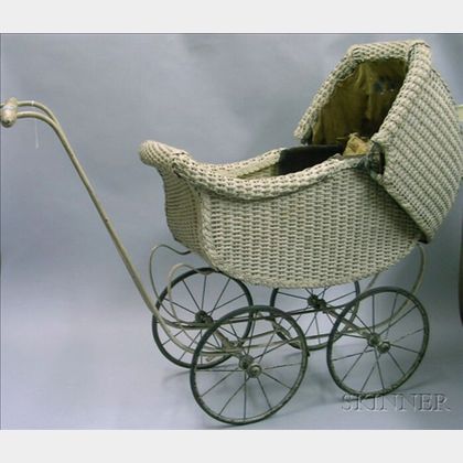 Whitney White-painted Woven Wicker Hooded Doll Carriage. 