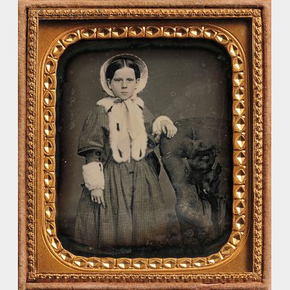 American School, 19th Century Sixth-plate Daguerreotype of a Girl with a Dog