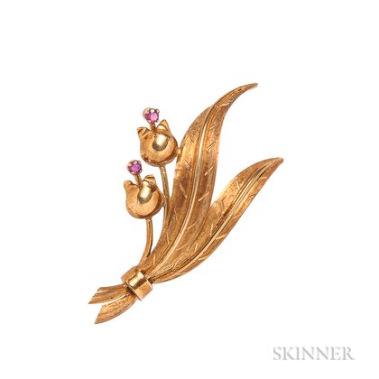 18kt Gold and Ruby Flower Brooch, Tiffany & Co.