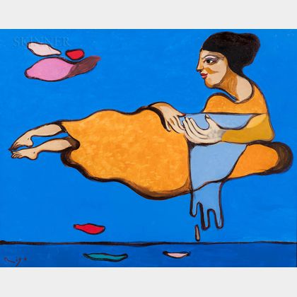 Gabriel Rigo (Spanish, b. 1947) Floating Woman in a Yellow Dress