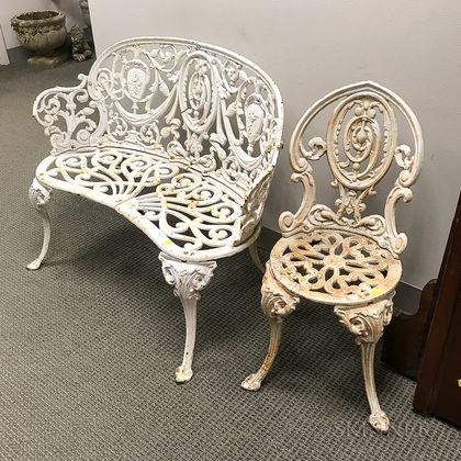 White-painted Cast Iron Garden Bench and Chair