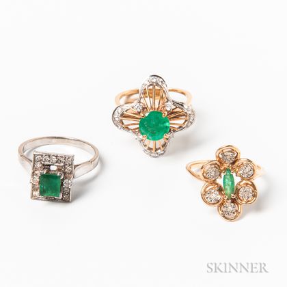 Three Gold, Emerald, and Diamond Rings