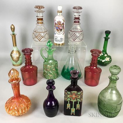 Thirteen Colored Glass Decanters