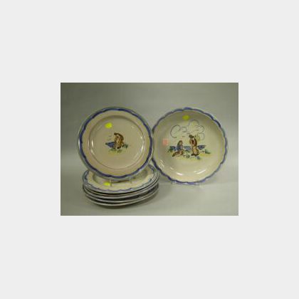 Set of Seven Norwegian Tin Glazed Pottery Dinner Plates and a Serving Bowl. 