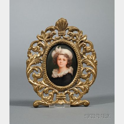 Framed Continental Miniature Hand-painted Portrait of a Girl on Porcelain