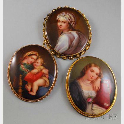 Three Enameled Portrait Miniature Brooches