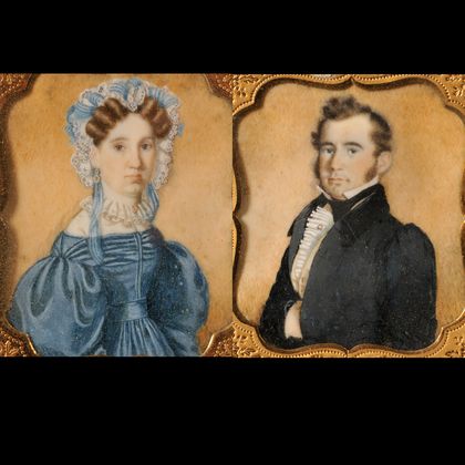 Esteria Butler (American, 1814-1891) Pair of Portrait Miniatures of the Artists Sister and Brother-in-Law, Almira and James B. Fillebr 