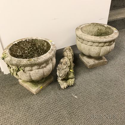 Pair of Cast Stone Garden Urns and a Chinese-style Dragon