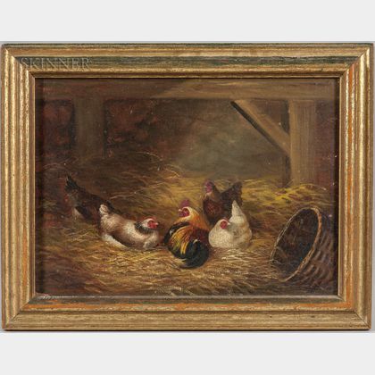 Joseph D. Sorver (American, 19th Century) Chickens Nesting in a Barn