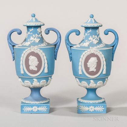 Pair of Wedgwood Tricolor Jasper Dip Portrait Vases and Covers