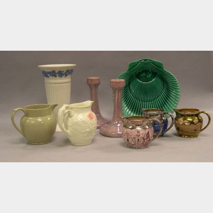 Seven Assorted Wedgwood Ceramic Items and a Pair of Ruskin Pottery Lustre Candlesticks