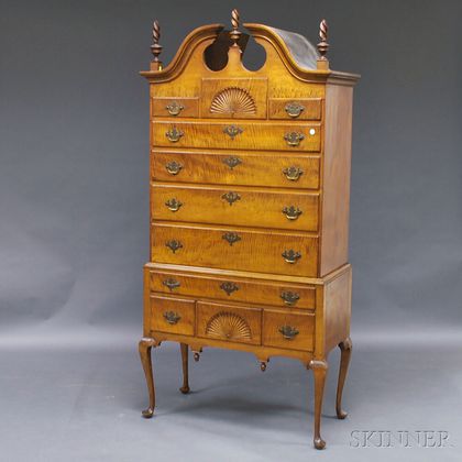 Queen Anne Tiger Maple Scroll-top High Chest