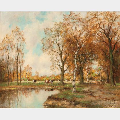 Willem Hendriks Jr. (Dutch, 1888-1966) Autumn Landscape with Cows by a Pond