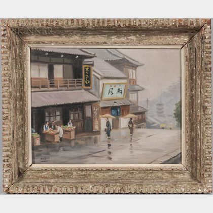 Nobuo Hayashi (Japanese, b. 1925) Street Scene with Vegetable Vendors and Figures