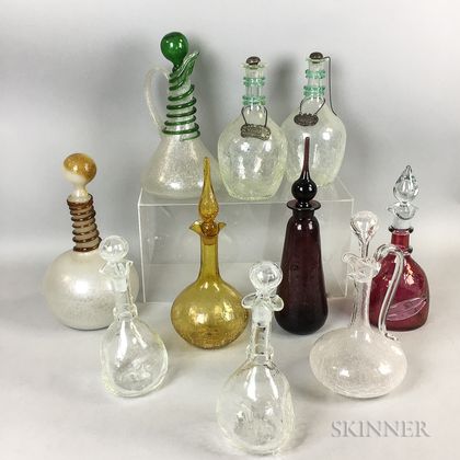 Two Early Italian Blown Glass Decanters and Eight Crackle Glass Bottles and Decanters