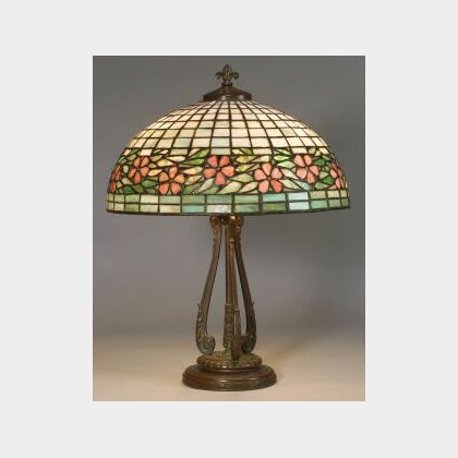 Floral Leaded Glass Shade and Handel Base Table Lamp