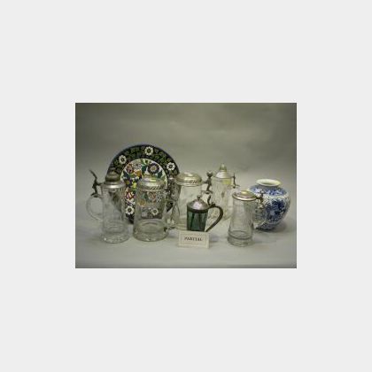 Six Glass Steins, Enameled Pottery Plate, Pottery Horse and an Asian Porcelain Rice Vase. 