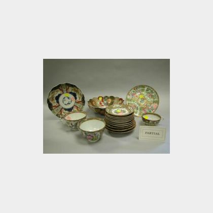 ApproximatelyThirty-four Chinese Export Porcelain Rose Medallion Cups, Saucers, Dishes and Three Imari Palette Porcelain Bowls. 
