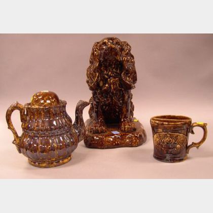 Rockingham Glazed Pottery Shaving Mug, Teapot, and Reproduction Spaniel
