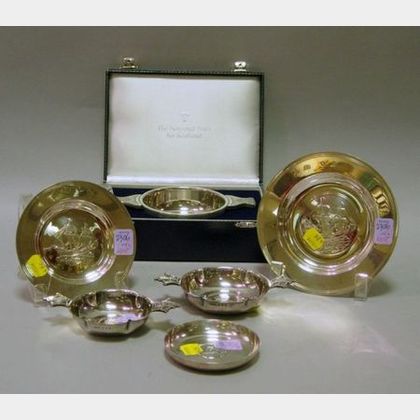 Five English Sterling Silver Commemorative Ashtrays and a Pewter Porringer