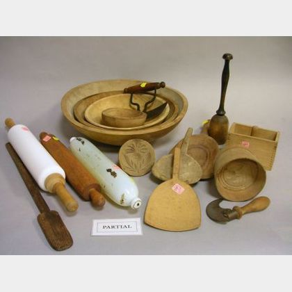 Group of Country Wooden Kitchenware, a Coffee Mill, and Six Glass and Two Wooden Rolling Pins. 
