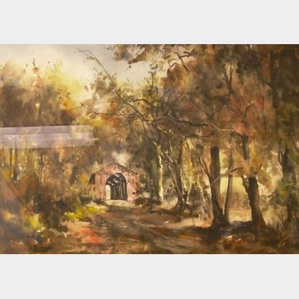 Framed Watercolor Autumn Landscape with a Covered Bridge
