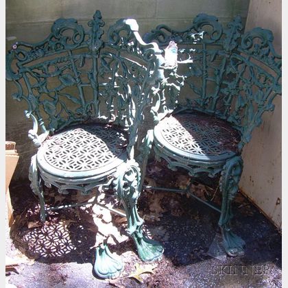 Pair of Green-painted Cast Iron Morning Glory Pattern Garden Chairs