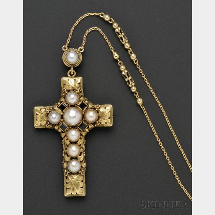 Arts & Crafts Gold, Opal, and Pearl Cross and Chain, Edward Oakes