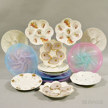 Fourteen Porcelain and Glass Oyster Plates