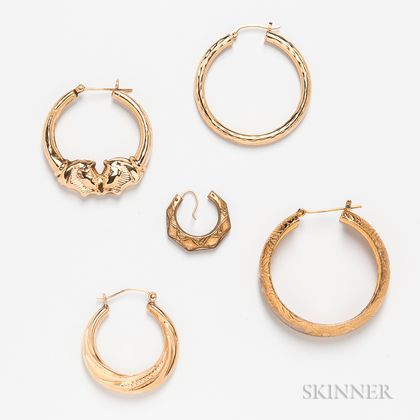 Five Individual Gold Earrings