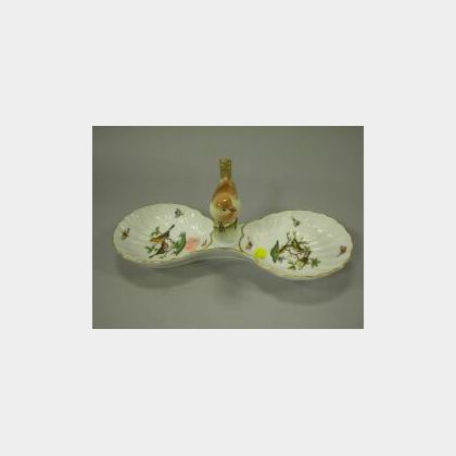 Herend Handpainted Figural Porcelain Rothschild Bird Pattern Double Serving Dish. 
