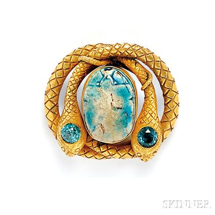 Antique Gold, Faience Scarab, and Zircon Brooch