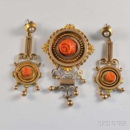 14kt Gold and Coral Antique Suite