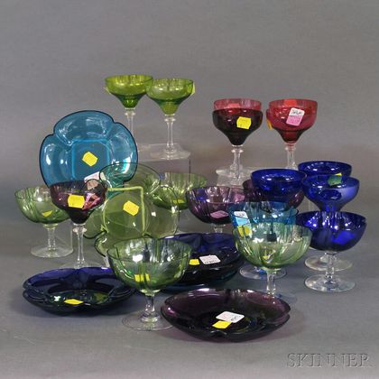Group of Colored Glass Stemware and Dessert Dishes