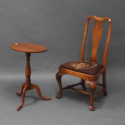Queen Anne Mahogany Balloon Seat Side Chair and Federal-style Tiger Maple Candlestand