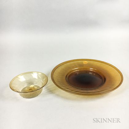 Modern Amber Blown Glass Plate and Bowl