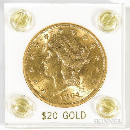 1904 $20 Liberty Head Double Eagle Gold Coin. Estimate $1,000-1,200