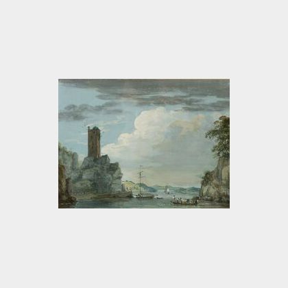 Paul Sandby (British, 1725-1809) River Landscape With Ferry and Ruined Tower