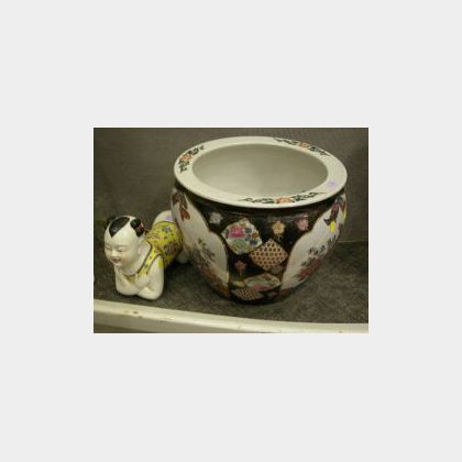Chinese Porcelain Fish Bowl, & a Child-shaped Pillow 