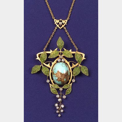 Art Nouveau 18kt Gold, Turquoise, Diamond, and Plique-a-jour Enamel Necklace