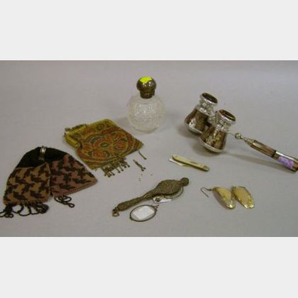 Pair of Opera Glasses, Two Beaded Purses, an Art Nouveau Lorgnette, a Pair of Abalone Earrings, a Pocketknife, and a Silver and Cut Gla