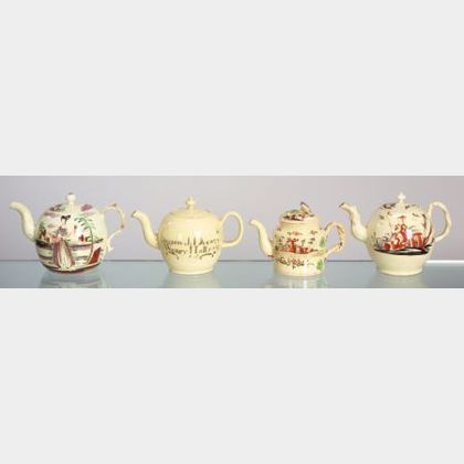 Four Creamware Teapots and Covers