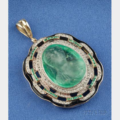 Art Deco Carved Emerald, Emerald, and Diamond Pendant, Van Cleef & Arpels, Paris