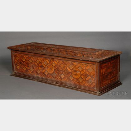 German Baroque Fruitwood Parquetry Inlaid Blanket Chest