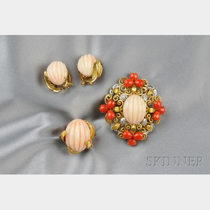14kt Gold, Coral, and Diamond Suite